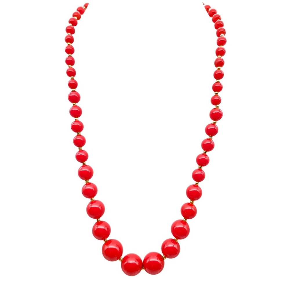 Vintage Red Beaded Necklace With Graduated Beads & Gold-Tone Accents